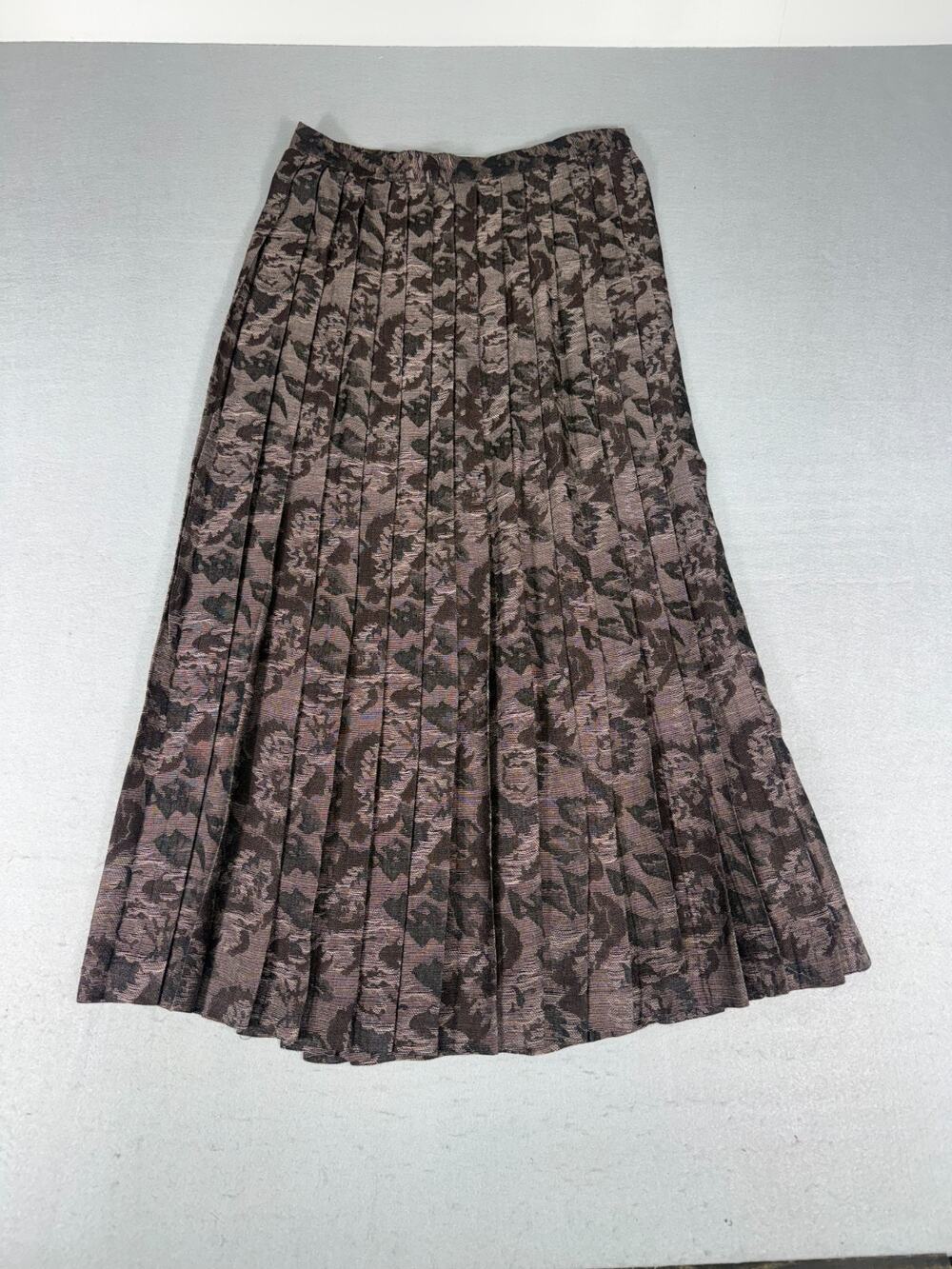 Vintage JH Collectibles Pleated Midi Skirt Size 14 Brown Floral Brocade Jacquard